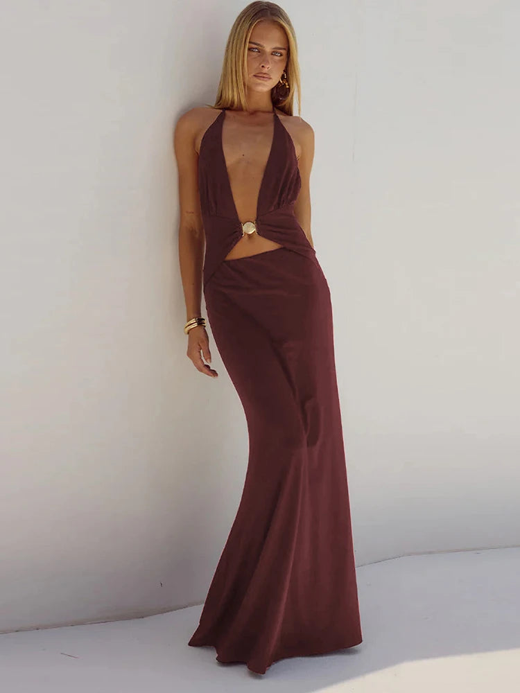 Seashells Decorative Dress Women Halter Deep V-Neck Backless Sleeveless Vacation Fashion Beach Party Long Bodycon