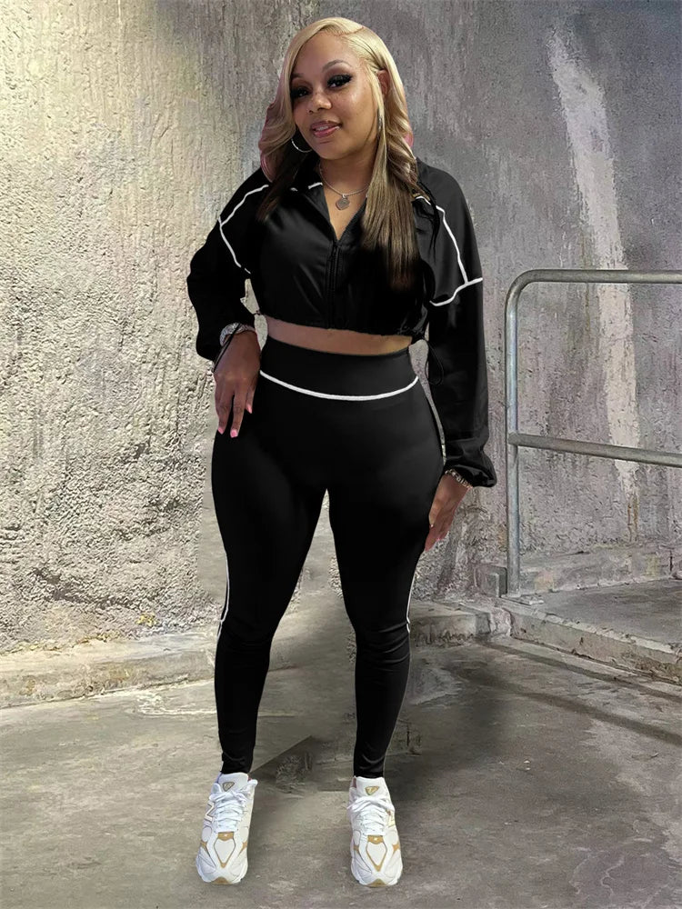 Patchwork 2 Piece Set Women Tracksuit Zip Shirring Hem Crop Jacket+Elastic Leggings Casual Daily Street Sporty Suits