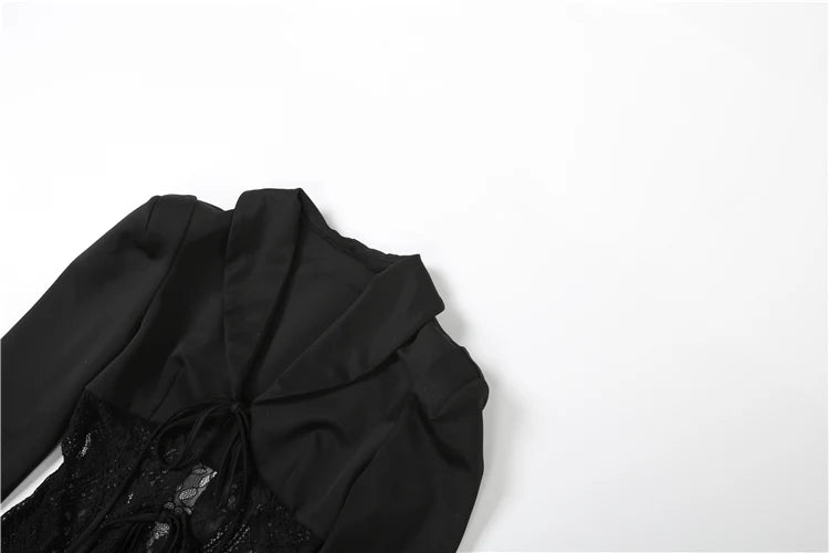 Patchwork Lace Long Coat Women Bandage v-Neck Full Sleeve Ruffles Sexy Hipster High Street Autumn Classic Elegant Tops