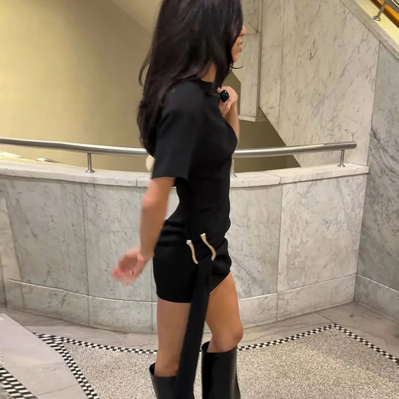 Metal Buckle Draped Short Dresses High Street Fashion Woman Clothing 2025 Summer Dress Black