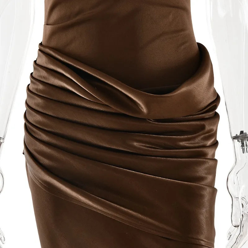 Satin Splicing One Shoulder Draped Maxi Dress Evening Gown Woman Party Dresses Elegant Sexy