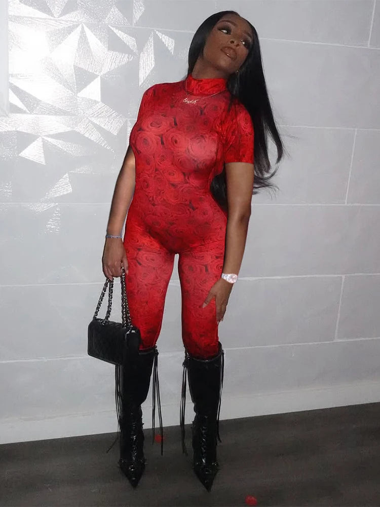 Flower Print Jumpsuits Women Turtleneck Short Sleeve Backless Skinny Peach Hip Midnight Club Party Fashion Overalls