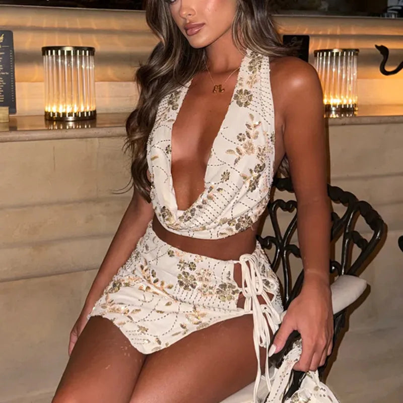 Women Two Piece Skirt Set Sequined Beaded Flower Halterneck Backless Vest with Tie-up Mini Skirt Summer Party Outfit