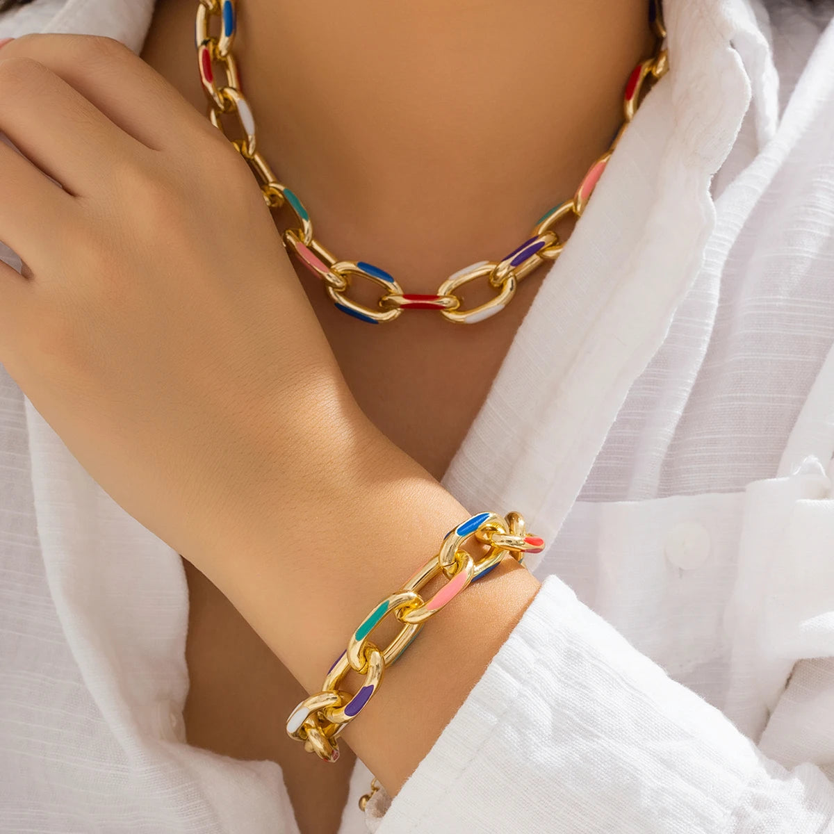 2Pcs Punk Hip Hop Heavy Metal Necklace Bracelet for Women Exaggerated Gold Color Thick Chain Jewelry Set Party Neck Accessories