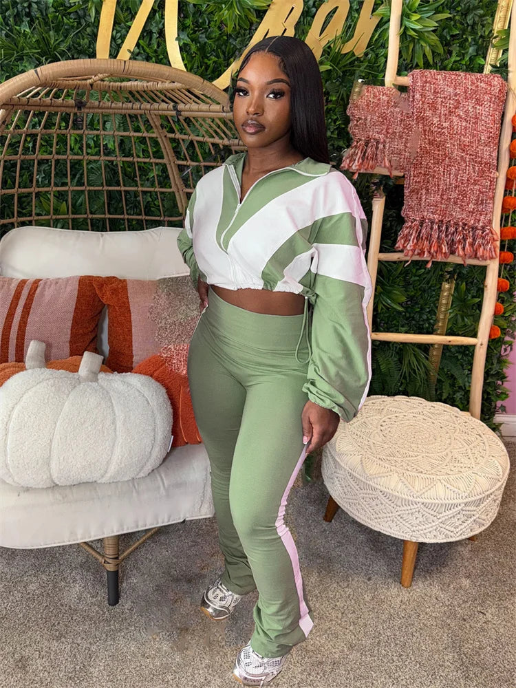 Contrast Patchwork Tracksuit 2 Piece Set Women Zipper Cardigan Jacket+Skinny Pants Casual Fashion Simple Sporty Suit