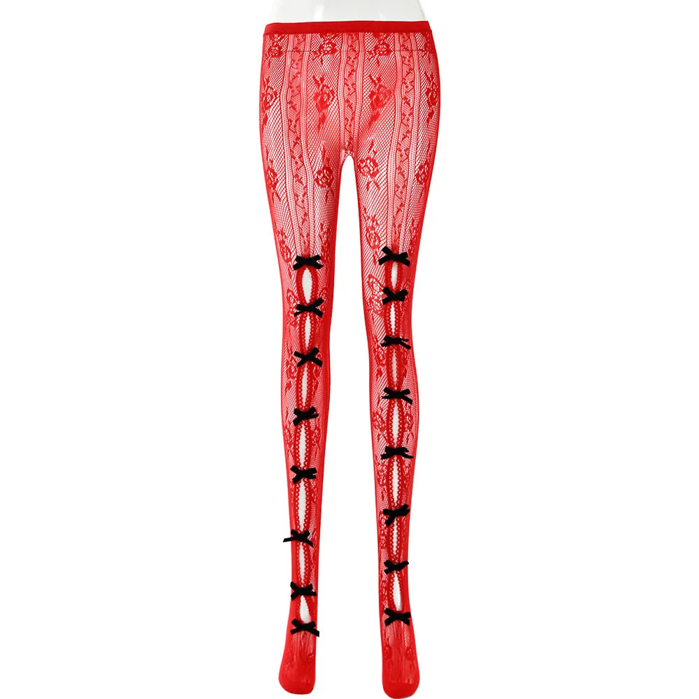 See Through Lace Mesh Hollow Bow Tie Leggings High Waist Stockings Y2k Sexy Lingeries for Woman Tights