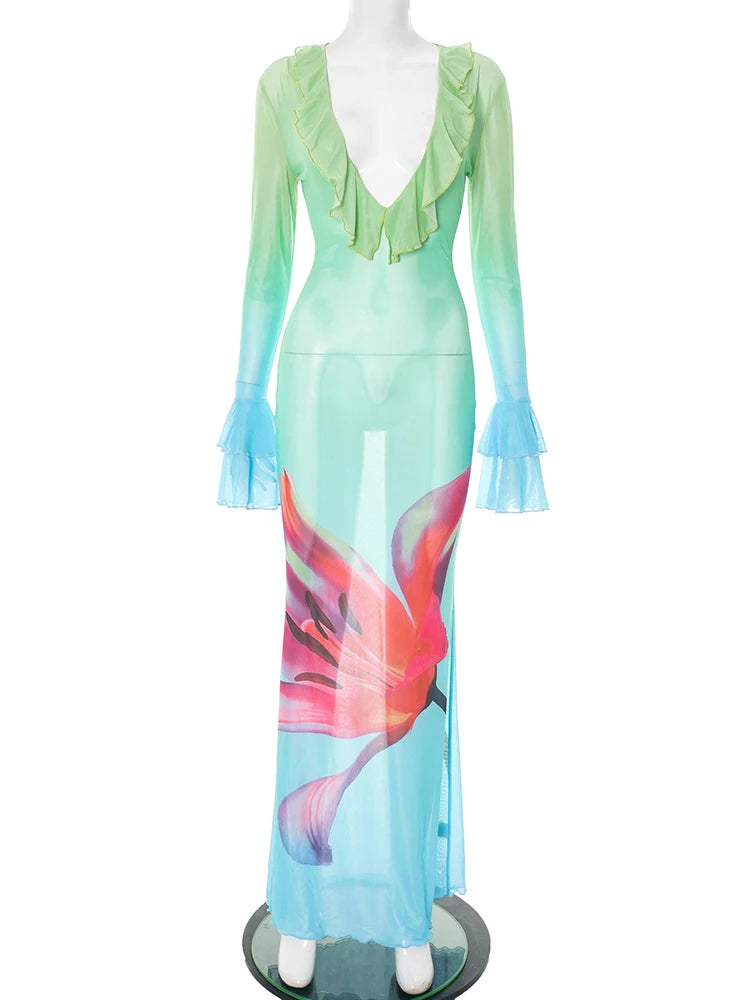 Gradient Mesh Maxi Dress Women Flower Print Ruffles Low-Neck Flared Sleeve Summer Holiday Beach Style Skinny Vestidos