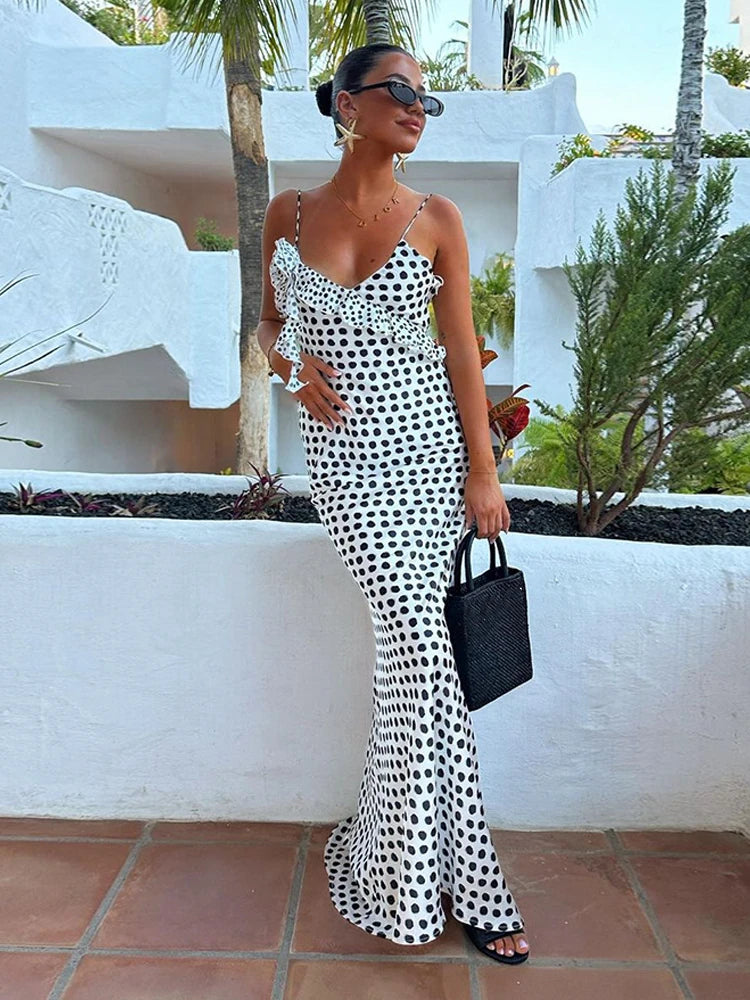 Polka-dot Vacation Beach Dresses Woman Summer Elegant Sexy 3d Floral-applique Ruffle Backless Maxi Dress