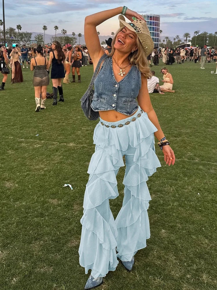 Transparent Chiffon Wide Leg Pants Women Bottoms Music Festival Ruffled Flared Pants Streetwear Clothing