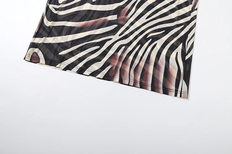 Mesh Patchwork Dress Women Fashion Print Low-Neck Sexy Cleavage Shirring Flared Sleeve Street Wild Style Long Bodycon