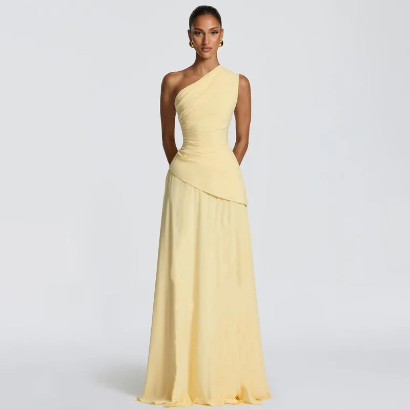One Shoulder Backless Maxi Dress Brown Yellow Elegant Evening Gown Dresses Woman Wedding Party Attire