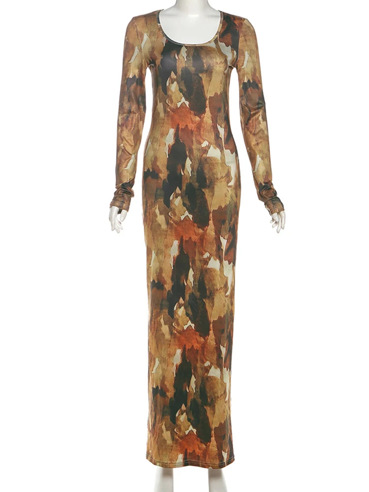 Tie Dye Elegant Maxi Dress Women U-Neck Long Sleeve Sexy Autumn Trend Simple Evening Stretchy Skinny Clubwear Bodycon