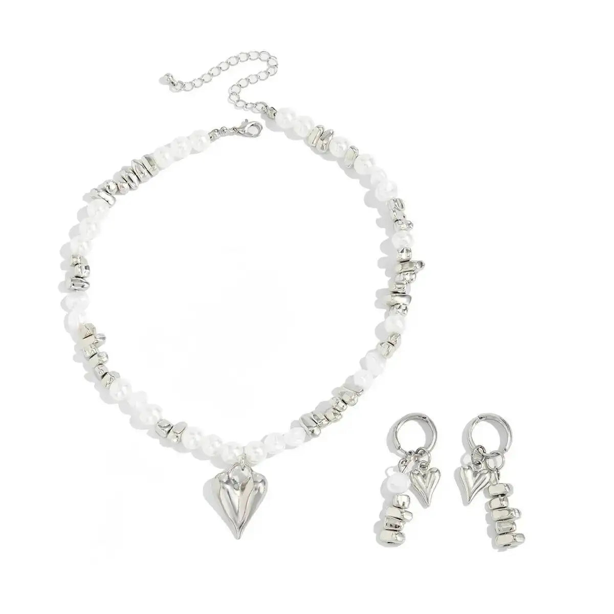 Vintage Imitation Pearl Choker Necklace Drop Earrings for Women Wedding Bridal Beads Chain Love Heart Jewelry Set New