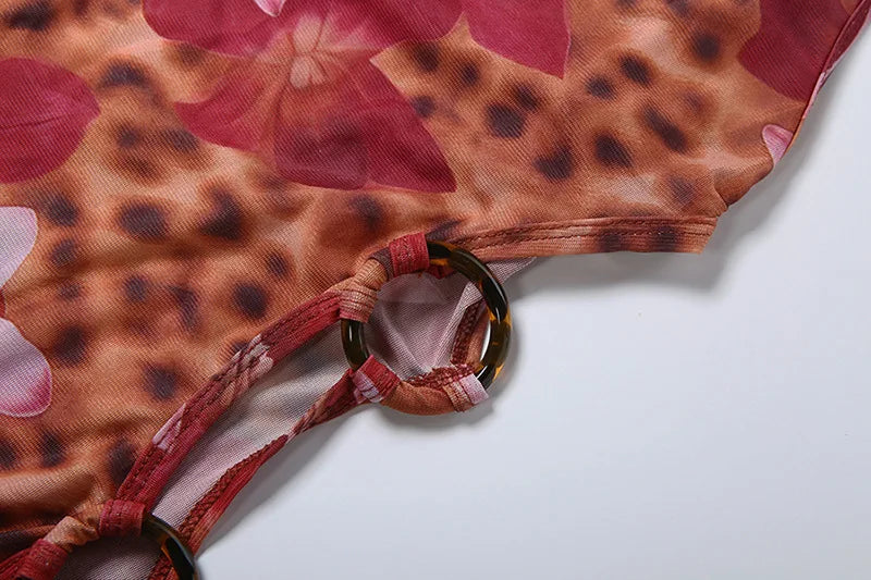Leopard Floral Print Mesh Sheer Hollow Out Mini Dress Vacation Beach Outfits Women Sexy Summer Dresses