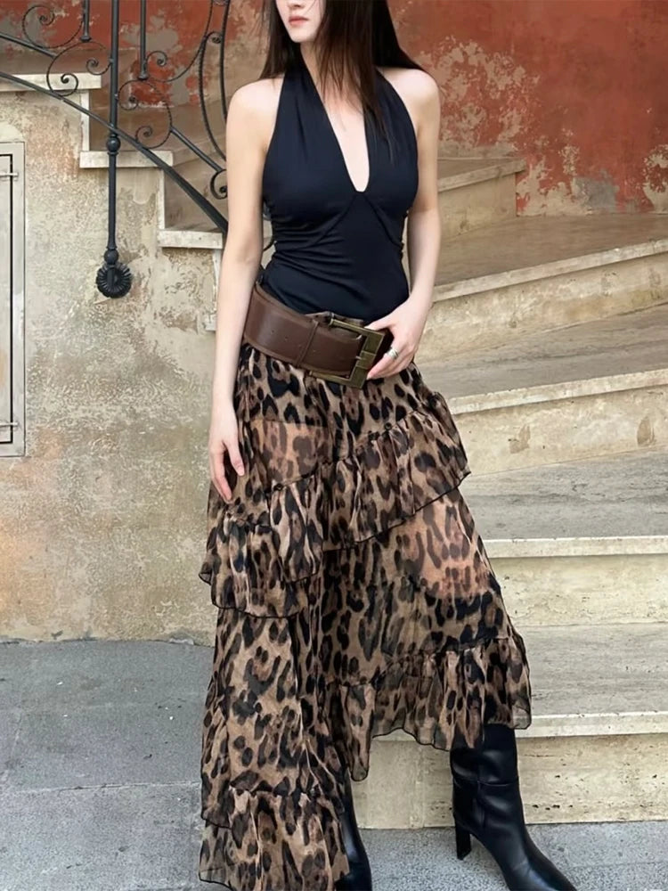 Ruched Tierred Long Skirts Women Leopard Print High Waist Stretch Bottoms Spicy Girls Fashion Trend Wild Streetwear