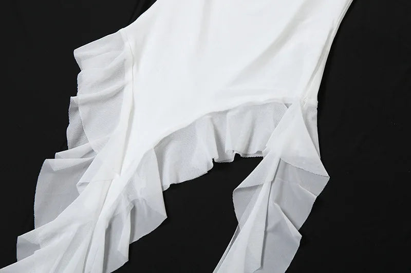 Mesh Ruffled Off Shoulder T Shirts Women Y2k 2000s Aesthetic Asymmetrical Tops White Black Summer Clothes