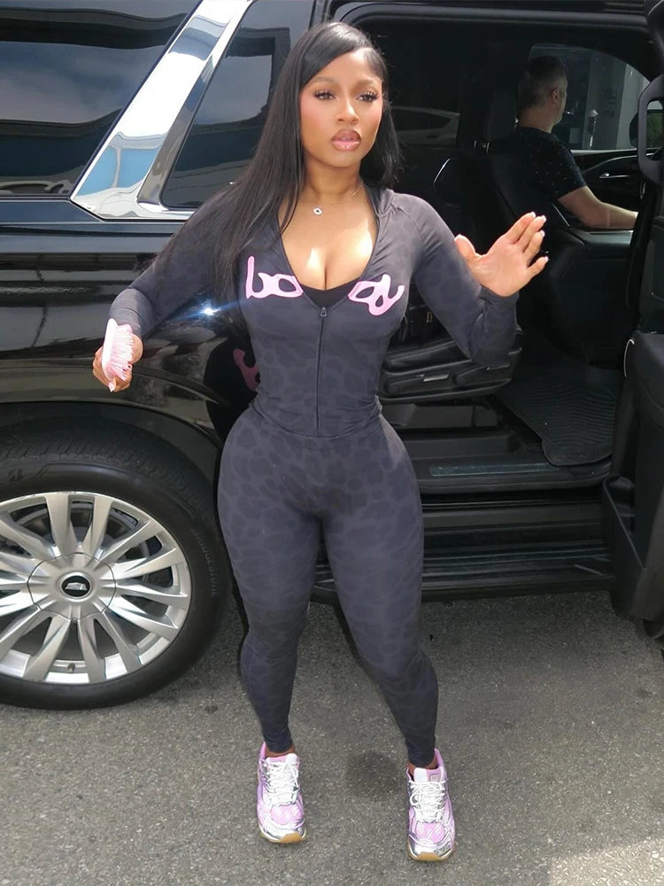 Letter Leopard Print 2 Piece Set Women Casual Zip Hooded Crop Jacke+Leggings Matching Stretch Sporty Street Outfits