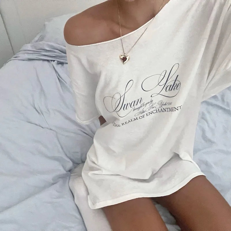 Letter Print Graphic T Shirts White Oversized One Shoulder Tops Womens Summer Fashion Clothing Trends 2024