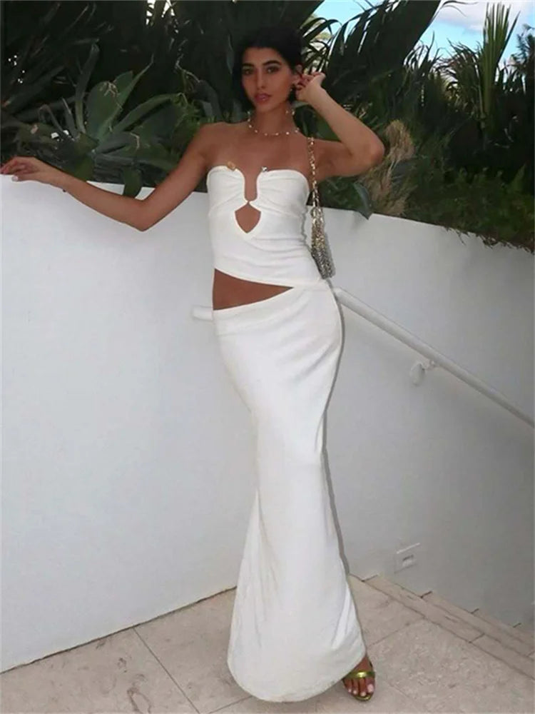 Irregular Hollow Strapless Dress Women Metal Rings Patchwork Waistless Vacation Beach Party Ruched Elegant Vestidos