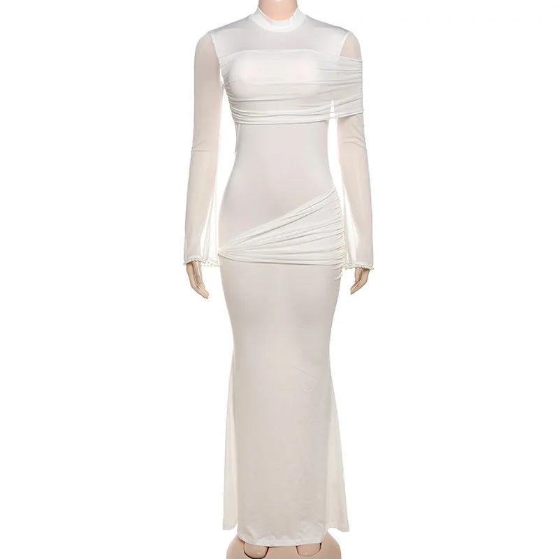 Mesh Patchwork Long Sleeve Maxi Dress White Elegant Dresses for Woman for Party Evening Gown Fall Winter 2025