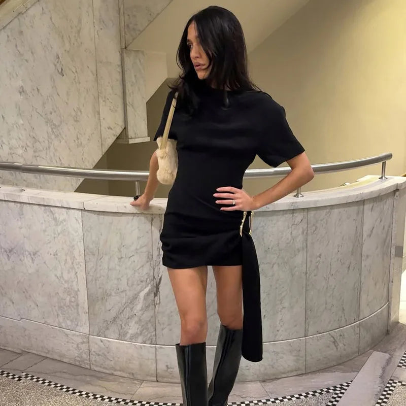 Metal Buckle Draped Short Dresses High Street Fashion Woman Clothing 2025 Summer Dress Black