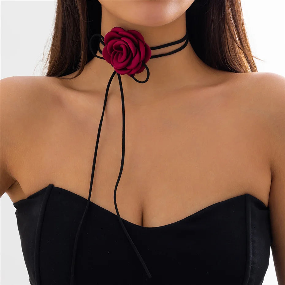 Gothic Elegant Big Rose Flower Clavicle Chain Necklace Women Wed Bridal Sexy Adjustable Choker Mariage Jewelry Y2K Accessories