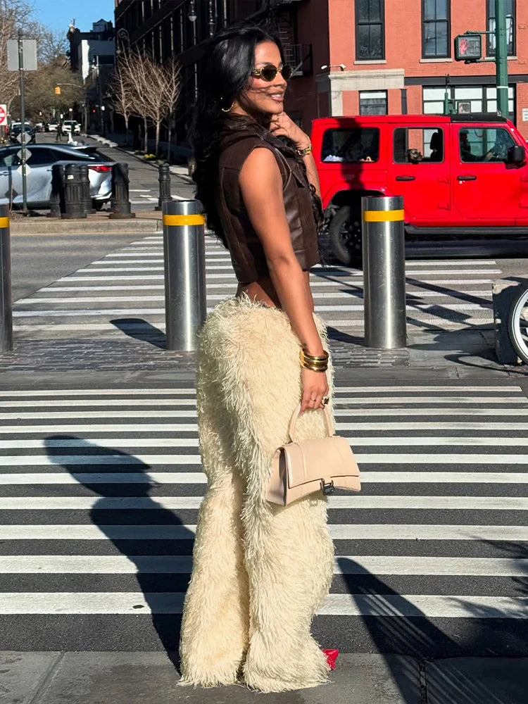 Furry Casual Straight Pants Women Y2K Simple Autumn Trend Basic Wild Streetwear Sweatpants Skinny Hipster Trousers