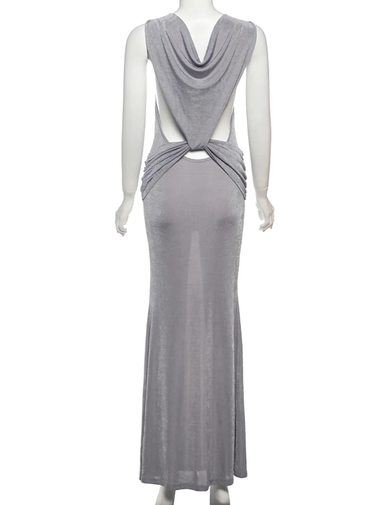 Backless Hollow Cross Dress Thin Sleeveless Ruched Knot Cinched Waist o-Neck Solid Simple Sexy Summer Trend Vestidos