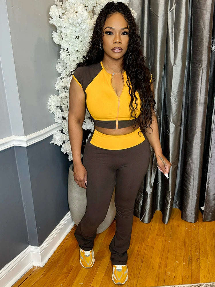 Casual Sporty 2 Piece Set Tracksuit Women Patchwork Shorts Sleeve Crop Tops+Leggings Matching Street Stretch Outfits