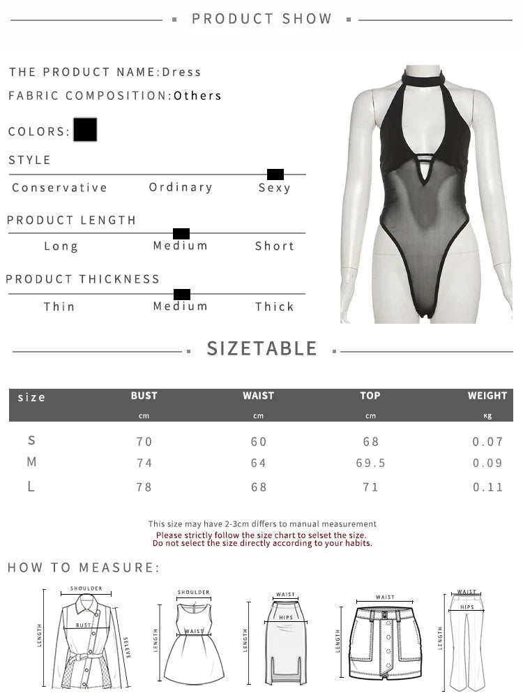 Sexy See Through Bodysuit Women Hollow v-Neck Patchwork Button Halter Backless Midnight Stretch Summer Body Topss