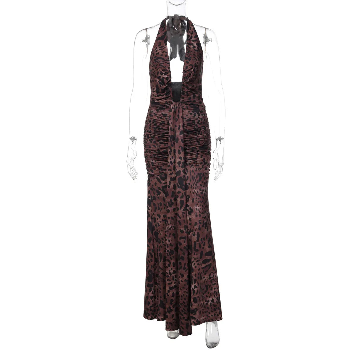 Leopard Print Backless Sexy Maxi Dress Women Gown Elegant Halter Deep V Neck Sleeveless Bodycon Draped Club Long Dress