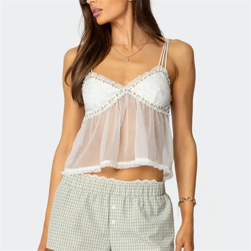 Women's Summer Babydoll Crop Tops Sexy Ladies Sleeveless Spaghetti Strap Sheer Camisole Cami Tank Tops Party Clubwear