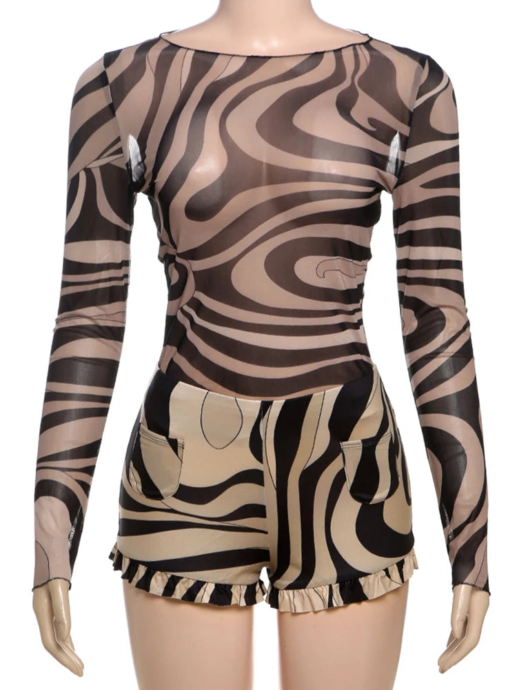 2 Piece Set Striped Print Mesh Women Full Sleeve O-neck T-shirts+Ruffle Trim Shorts Female New Fashion Chic Clubwear