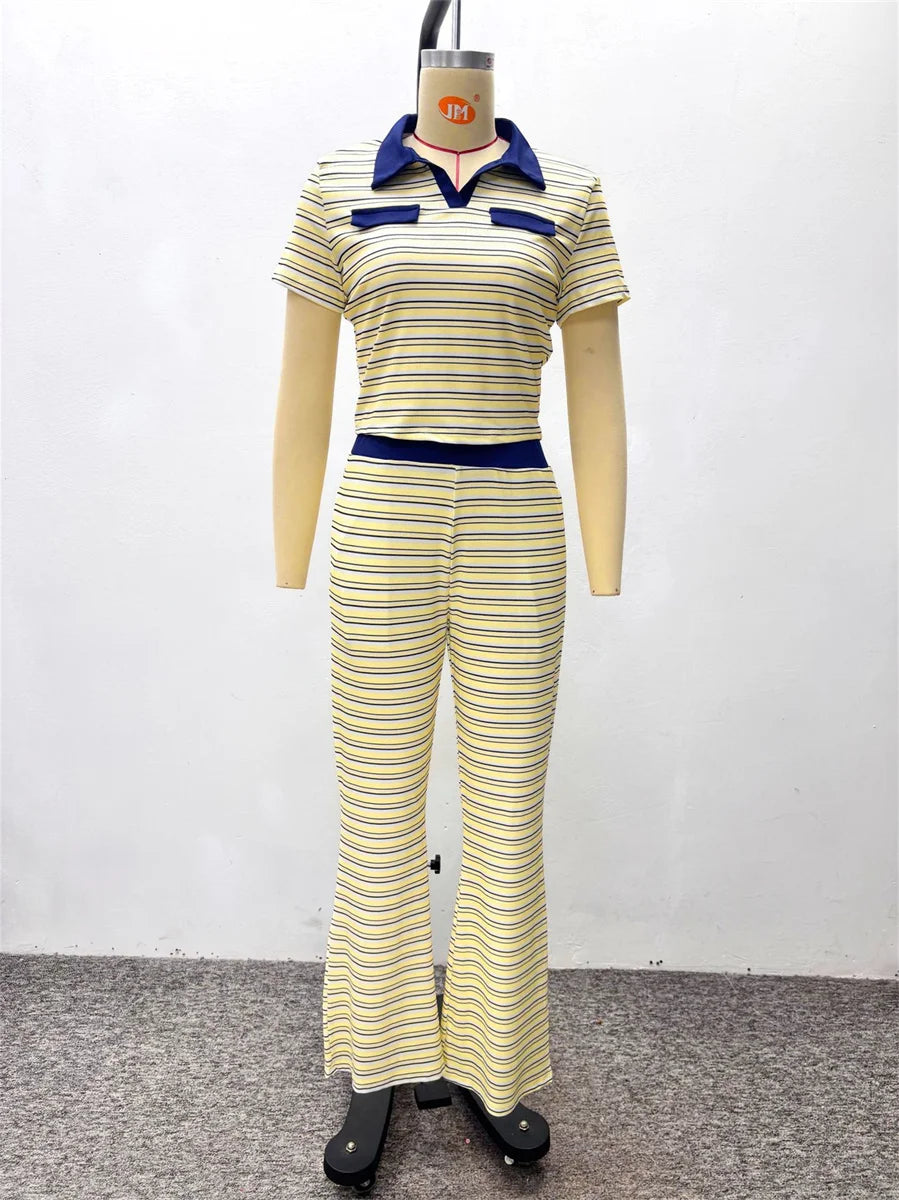 Trend Striped Print 2 Piece Set Women Casuals Color Blocking Turn Down Collar Short Sleeve T-Shirt+Pants Street Suits
