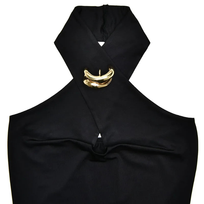 Hardware Detail Hollow Cross Halter Neck Crop Tops Women Sexy Backless Tank Top Black Summer