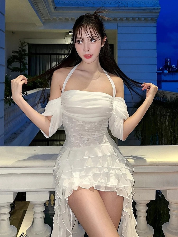 Sexy Tassel Dress Women One Shoulder Tierred Ruffles Irregular Skinny Backless Summer Trend Sweet Skinny Mini Bodycon