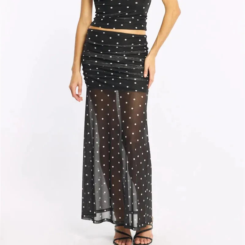 Women Polka Dot Mesh Maxi Skirt High Waist Side Ruched Double Layer See Through Mermaid Bodycon Long Skirt Night Club