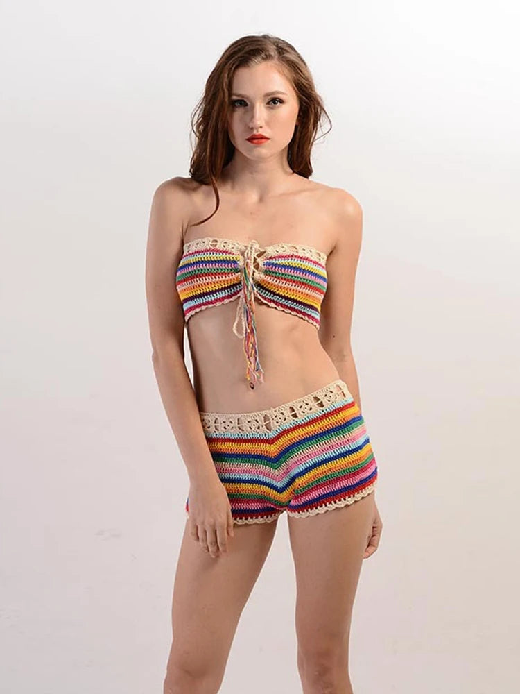 Beach Sexy Women 2 Piece Set knit Stripe Vacation Hollow Shirring Bra Tops+ Shorts Classic Stretch Matching Clubwear