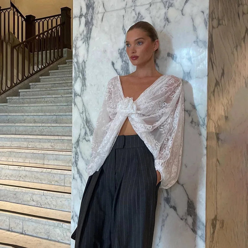 See-through Lace Blouse for Woman Elegant Sexy White Shirts Floral Applique Deep V Neck Long Sleeve Crop Tops