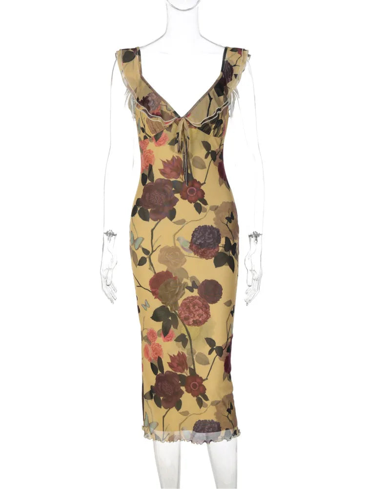 Women Floral Mesh Sexy Midi Dress Ruffle Spaghetti Strap Deep V Neck Bodycon Summer Party Holiday Elegant Long Dresses