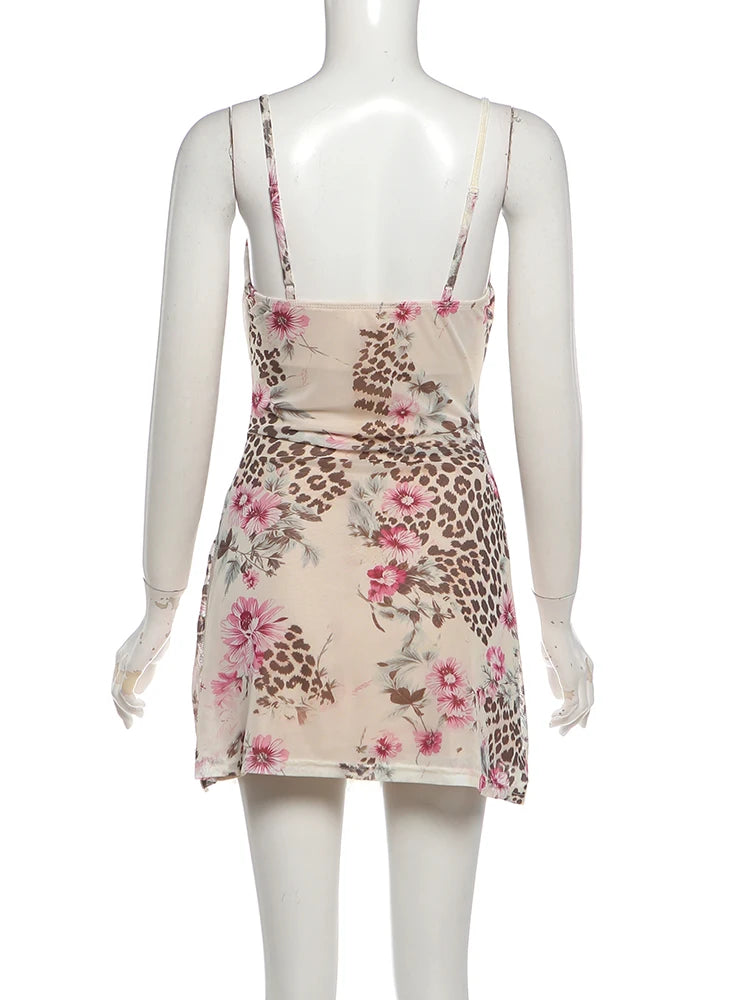 Leopard Flower Print Dress Women Low-Neck Skinny Sleeveless Skinny Sexy Midnight Summer Fashion Hottie Mini Bodycon