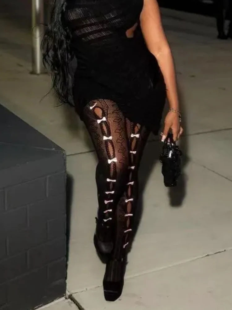 Sexy Bow Knot Foot Leggings Women Hollow Thin Summer Trend Hipster Tight Lace Trousers Wild Clubwear Midnight Pants