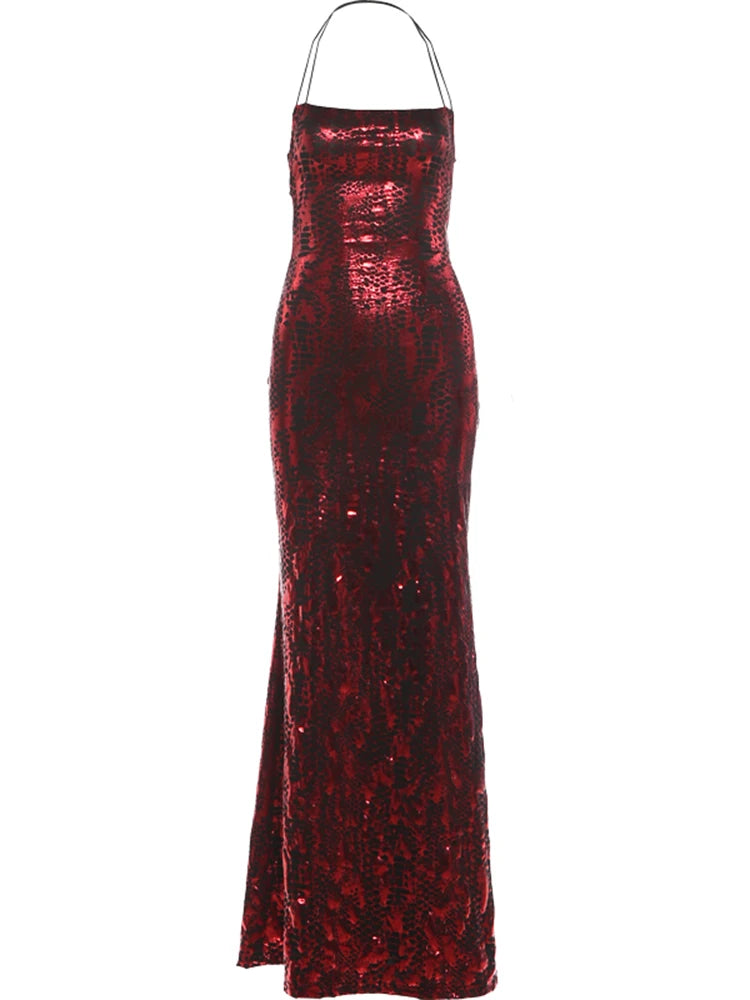 Sexy Shirring Backless Dress Women Snakeskin leather Trend Wild Halter Sleeveless Fashion Chic Street Party Bodycon