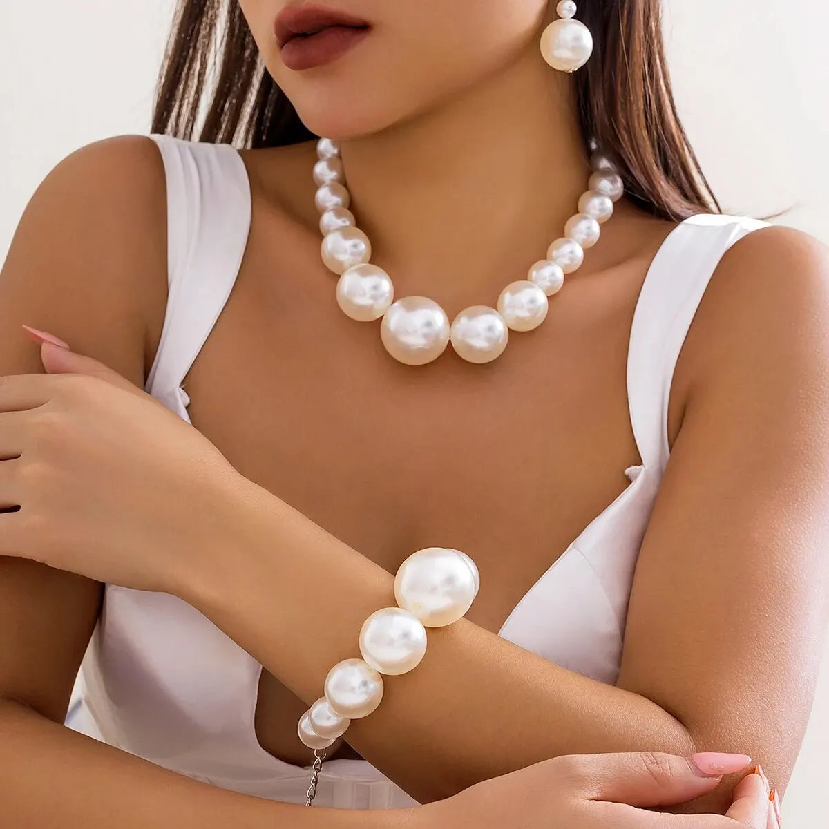 2Pcs Exaggerated Big Imitation Pearl Choker Necklace Bracelets for Women Wed Goth Bead Maxi Chain Grunge Jewelry Set Steampunk