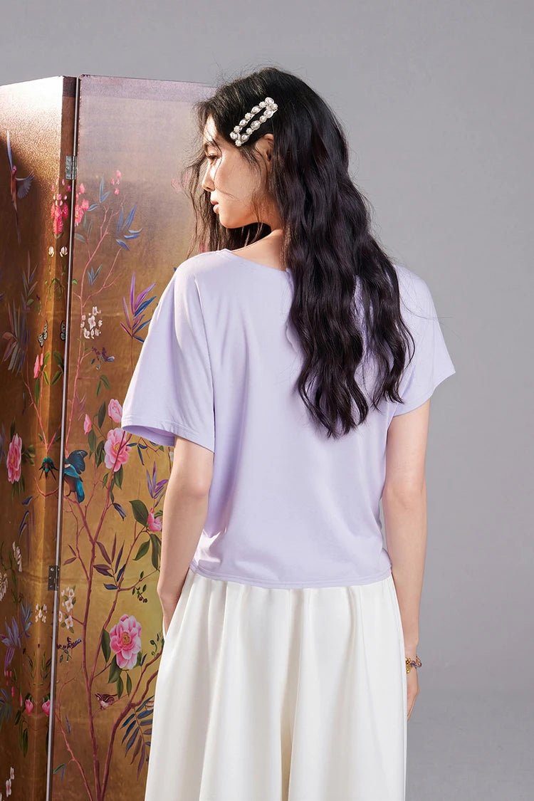 Cowl Neck Ruched T-shirt, Slim Fit Short Sleeve Tee, Casual Solid Color Summer Top for Women