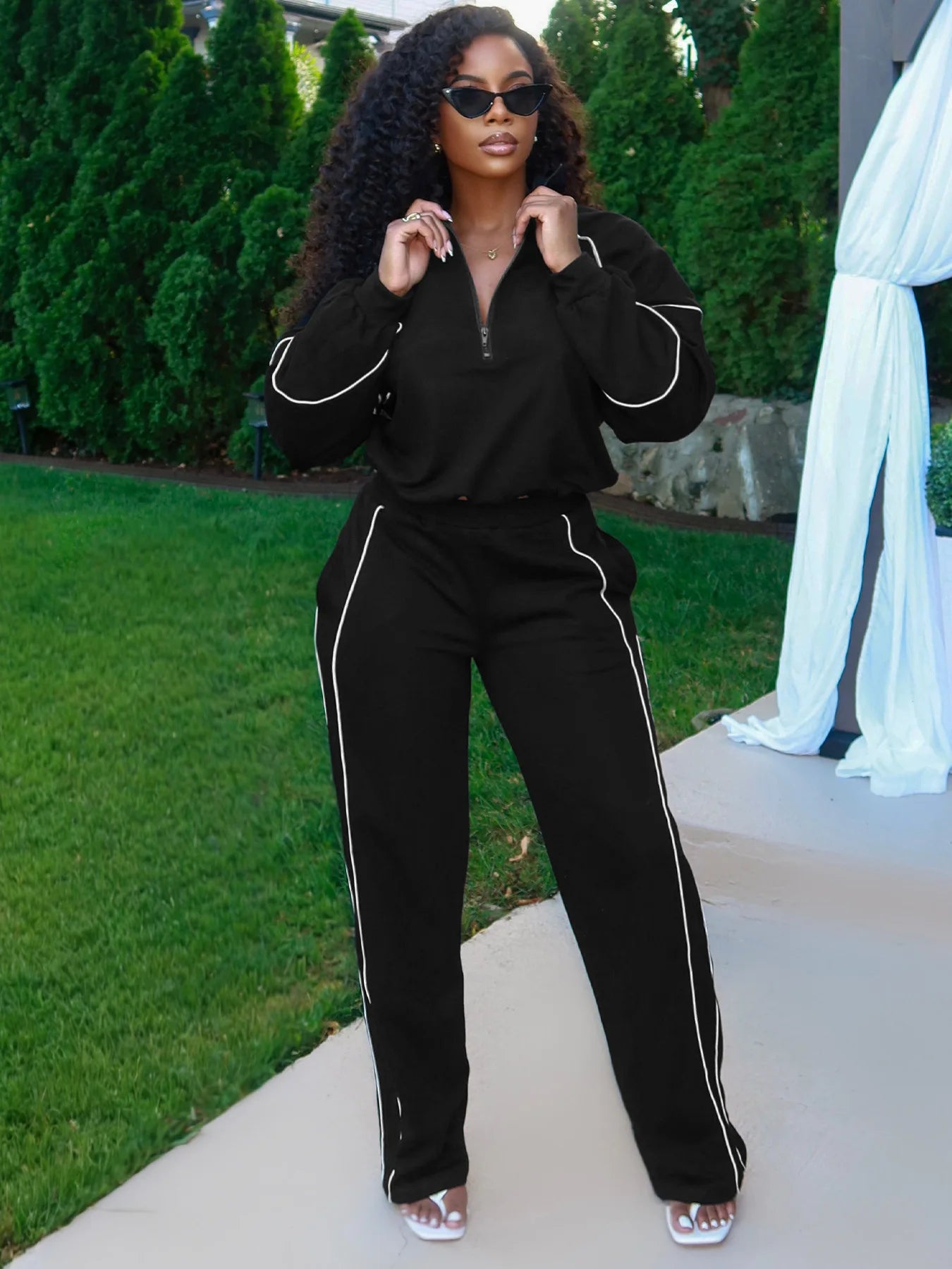 Sporty 2-Piece Set Women Zip Polo-Neck Drawstring Crop Tops+Stripe Pants Matching Simple Casual Tracksuit Streetwear