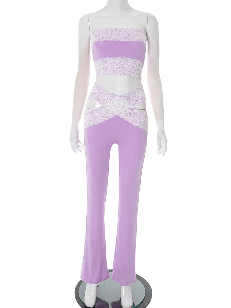 Mesh Patchwork 2 Piece Set Women Sexy Backless Strapless Tops+Cross Hollow Skinny Long Pants Hottie Wild Style Suits