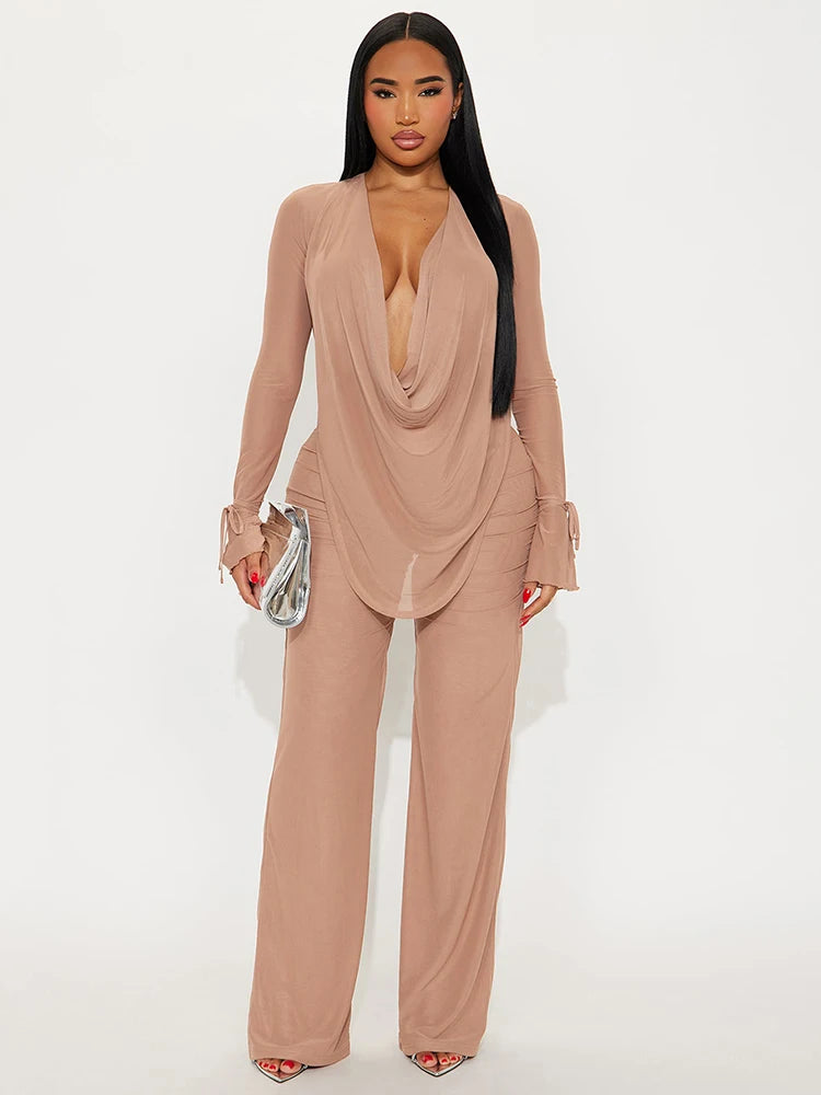 See Through Women 2 Piece Set Sexy Coquette Full Sleeve Swing Collar Tees+Straight Pants Simple Matching Clubwear