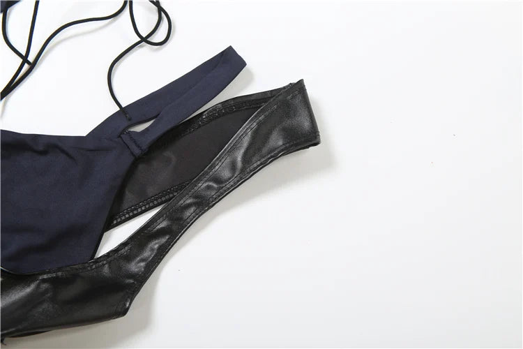 Sexy Fake 2-Pieces Patchwork Bodysuit Women Chest Wrapped Mesh PU Wide Waistband Skinny Music Festival Clubwear Tops