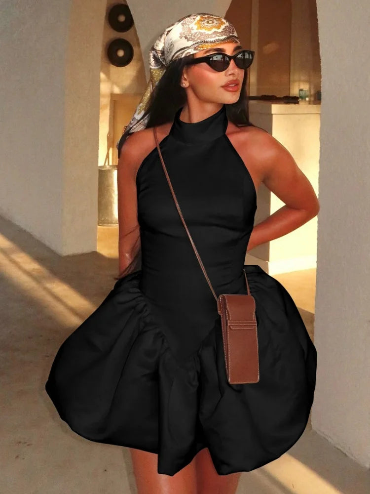 Halter Backless Bubble Short Dresses Elegant White Black Summer Dress Woman Clothing 2025